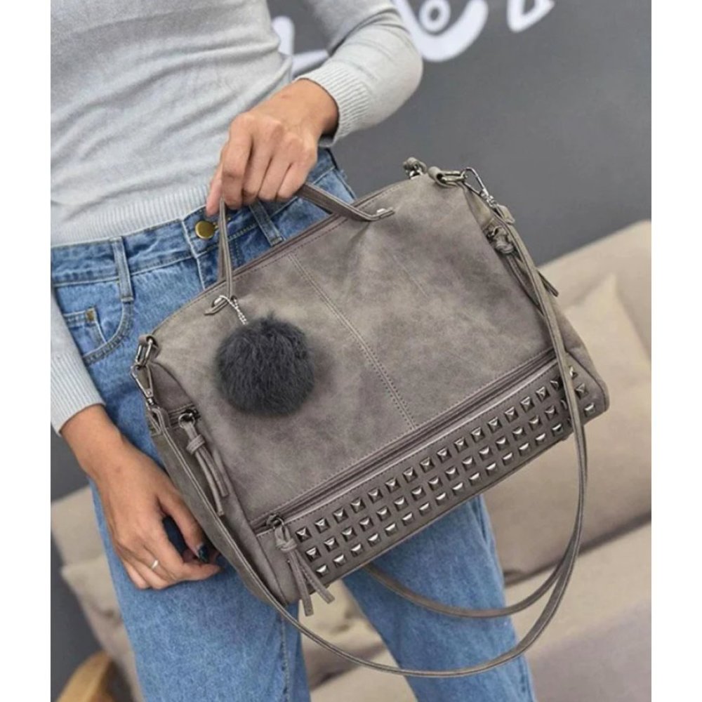 Gray Studded Pom Faux Suede Leather Crossbody Satchel Shoulder Bag Purse